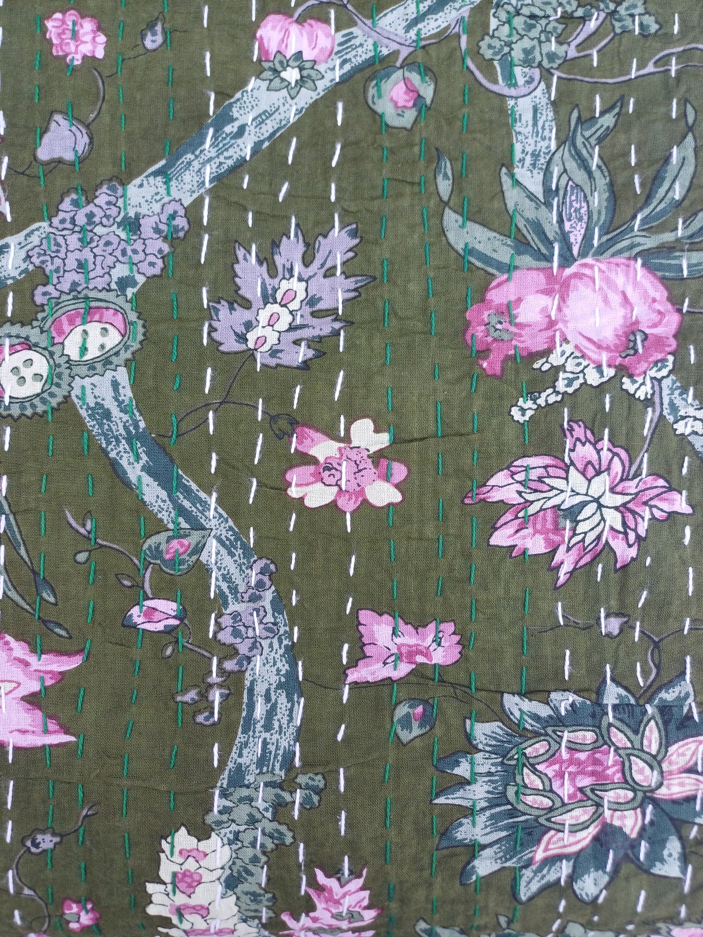 Bedspread Queen (Kantha) Screen Print Gudari (2 layer) - Olive Floral