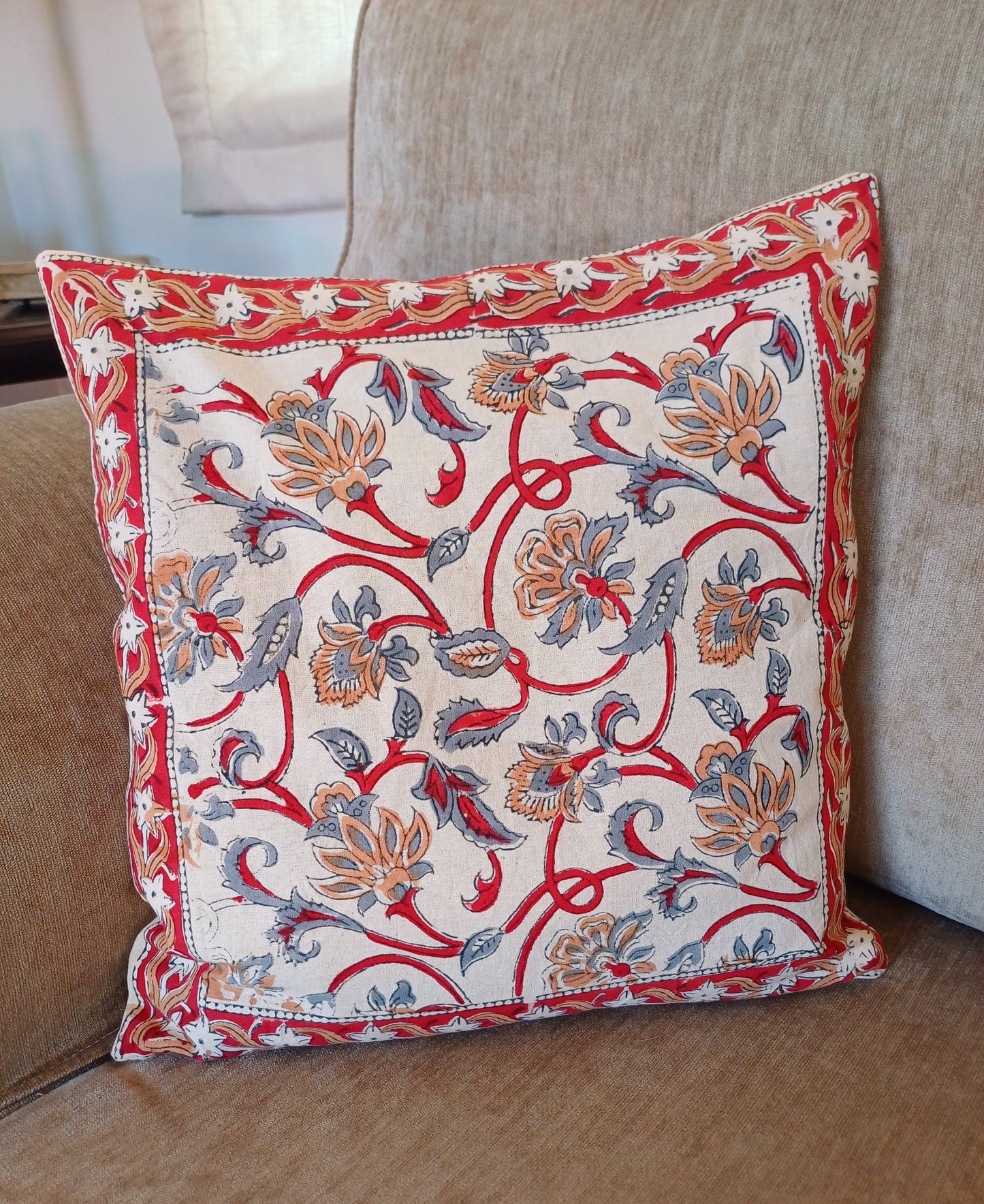 Cushion Cotton Cover Block Print Rapit - Red Busy