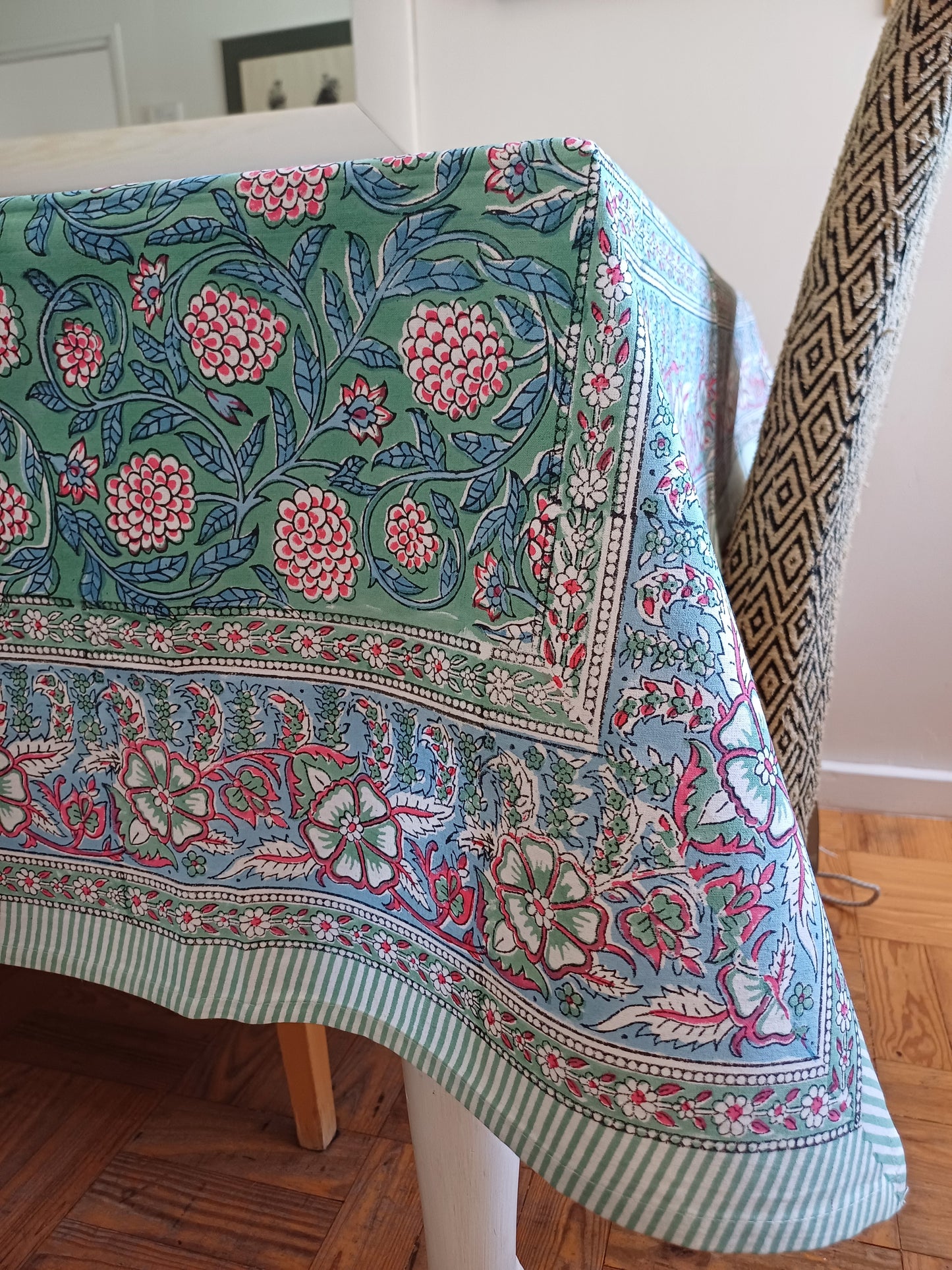 Table Cover Olive Red Block Print Mughal - 4 seater
