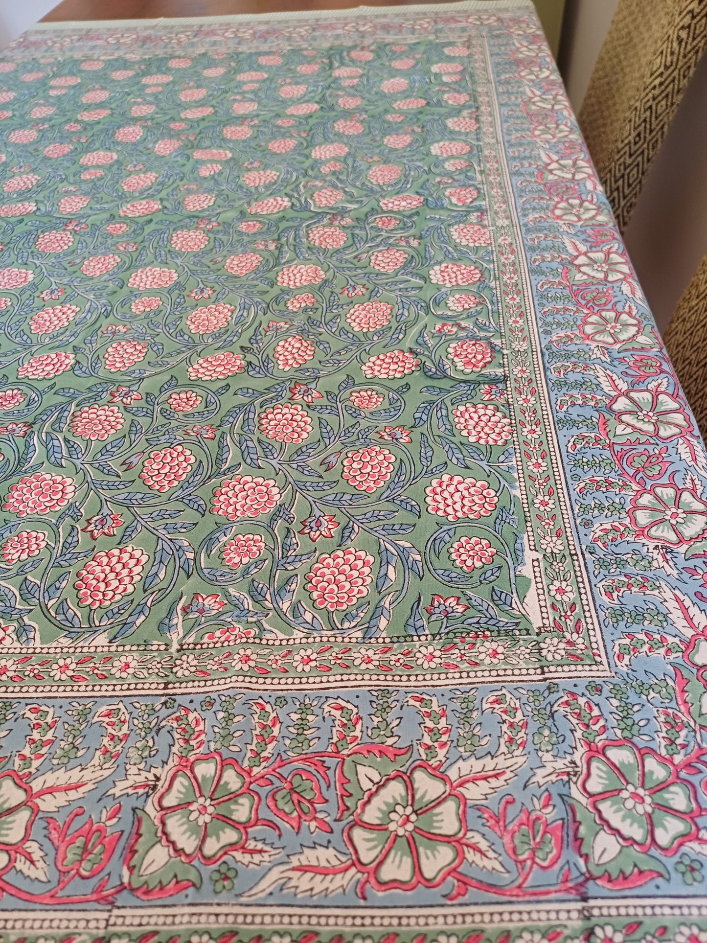 Table Cover Olive Red Block Print Mughal - 4 seater