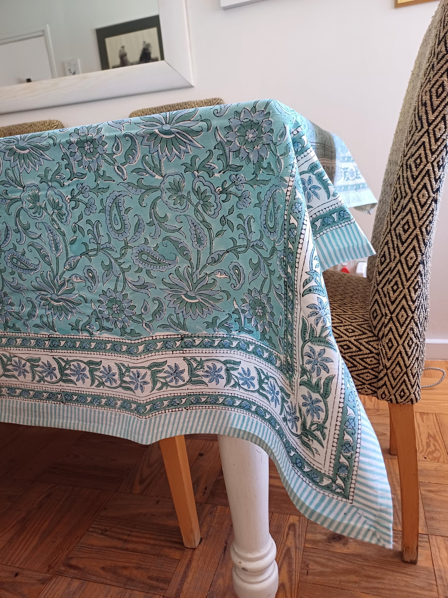 Table Cover Turquoise Block Print Mughal - 6 seater