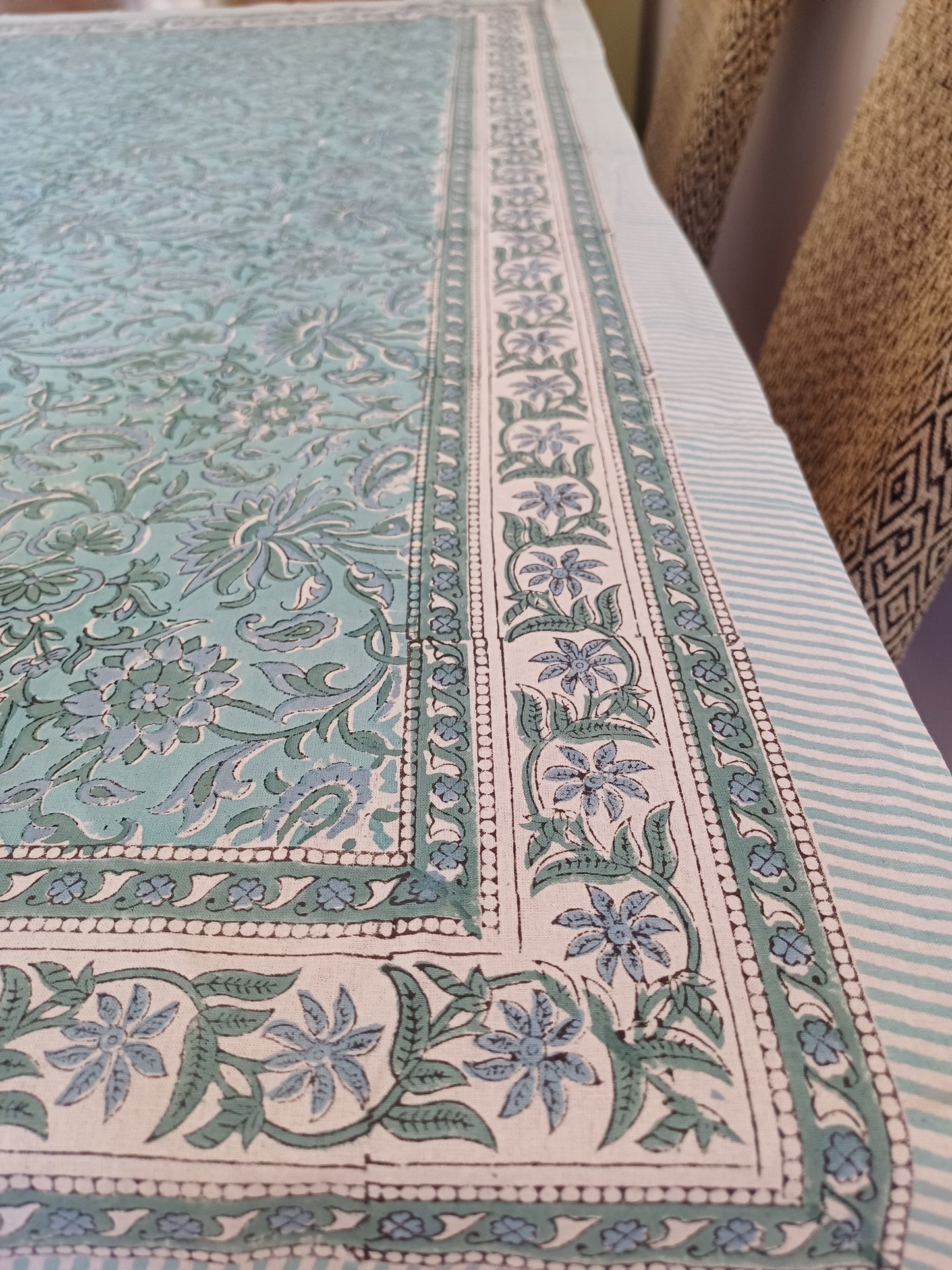 Table Cover Turquoise Block Print Mughal - 6 seater