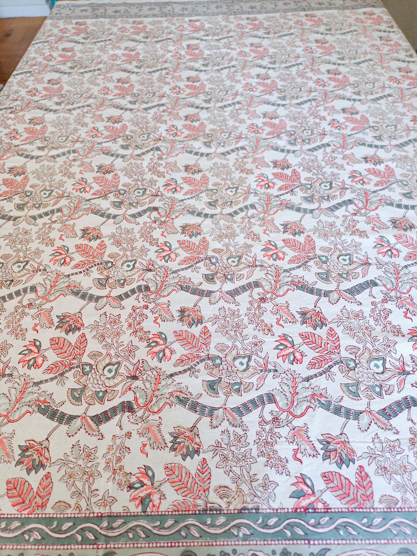 Table Cover White Olive Block Print Mughal - 4 x 4 seater