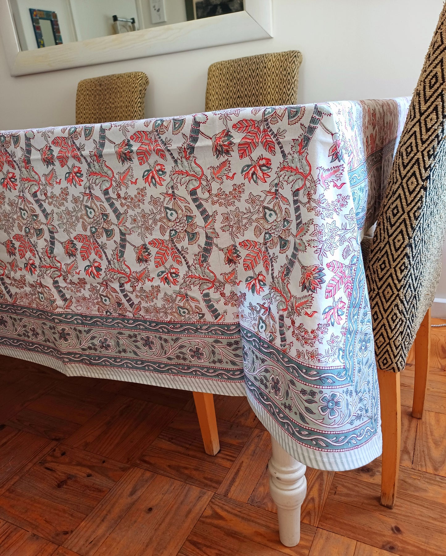 Table Cover White Olive Block Print Mughal - 4 x 4 seater