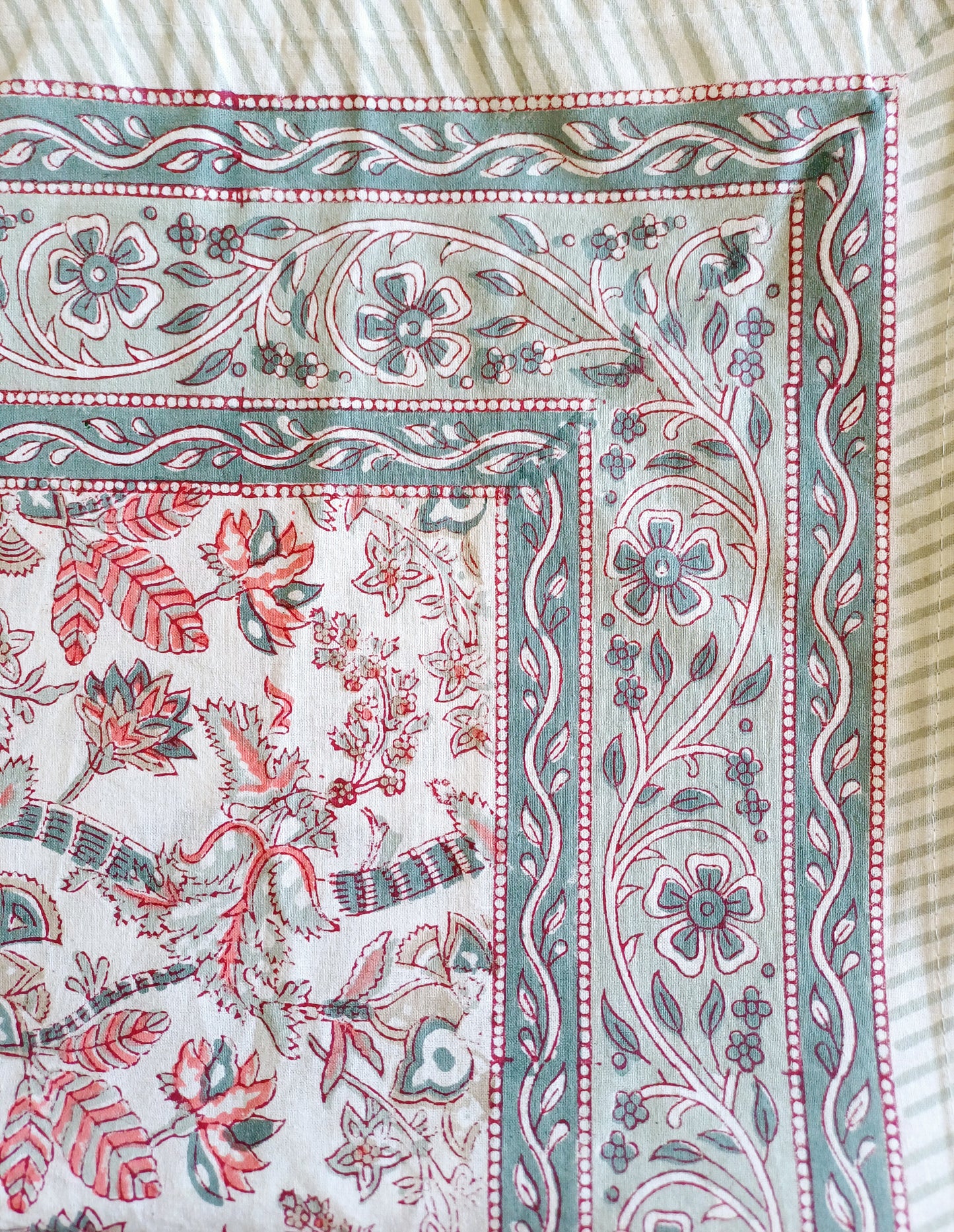 Table Cover White Olive Block Print Mughal - 4 x 4 seater