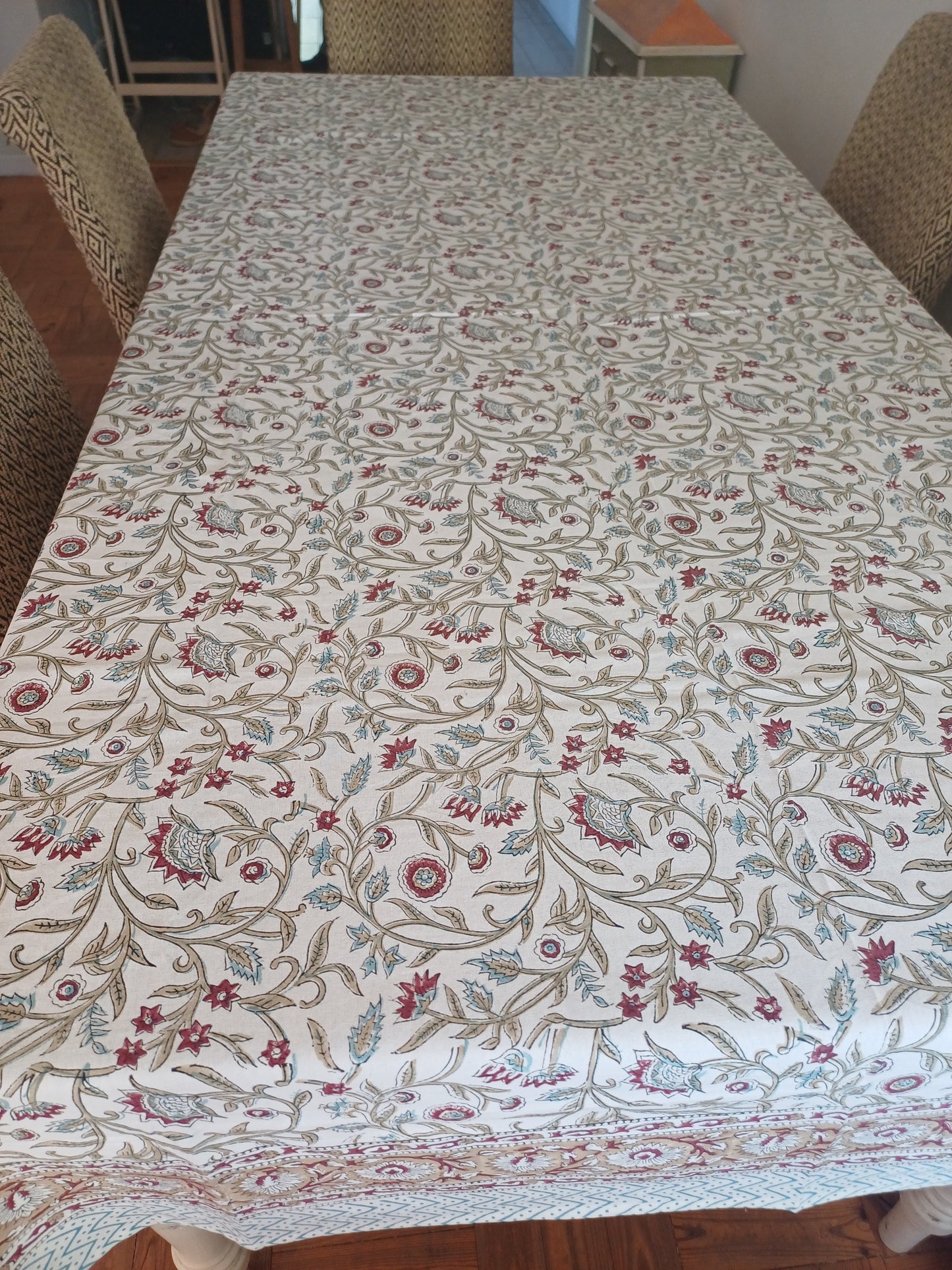 Table Cover Maroon Floral Block Print Mughal - 8 seater