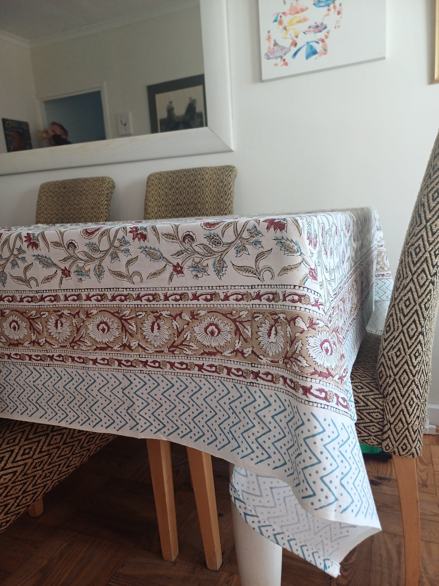 Table Cover Maroon Floral Block Print Mughal - 8 seater