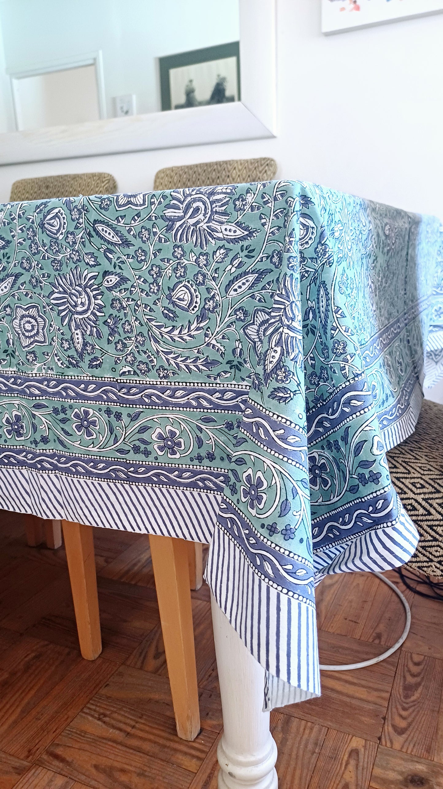 Table Cover Olive Block Print Mughal - 8 seater