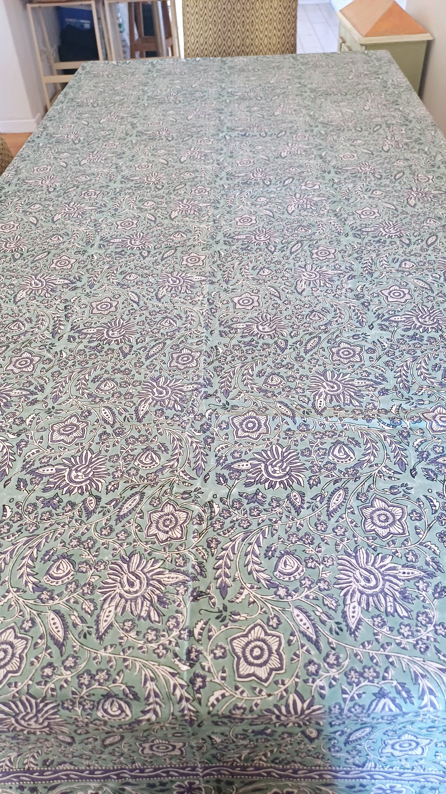 Table Cover Olive Block Print Mughal - 8 seater