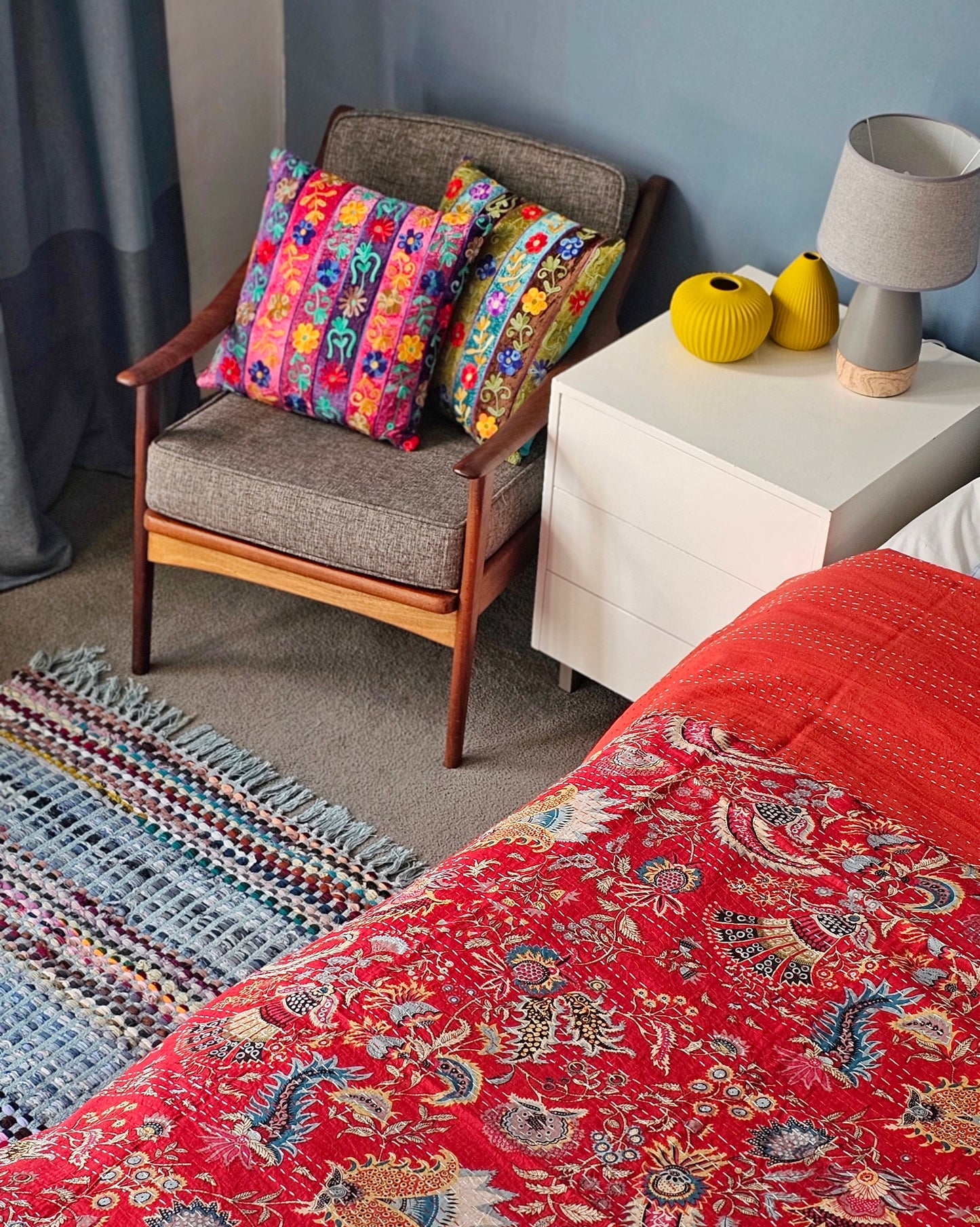 Bedspread Queen (Kantha) Screen Print Gudari (2 layer) - Red Floral