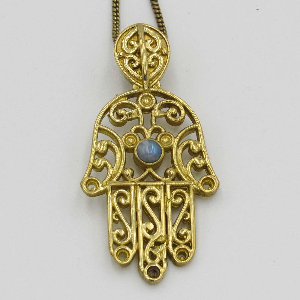 Hand Pendant with Grey Bead - Brass Plated