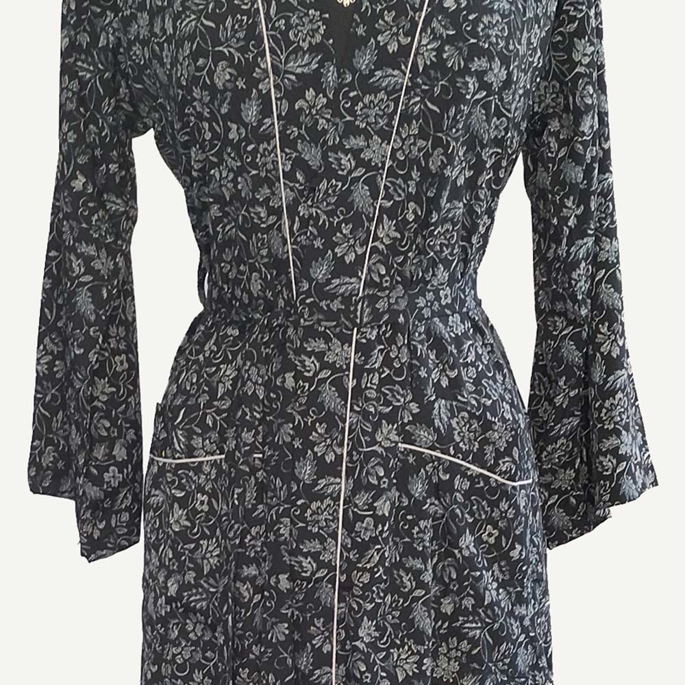 Ladies Dressing Gown - Black Floral Pattern