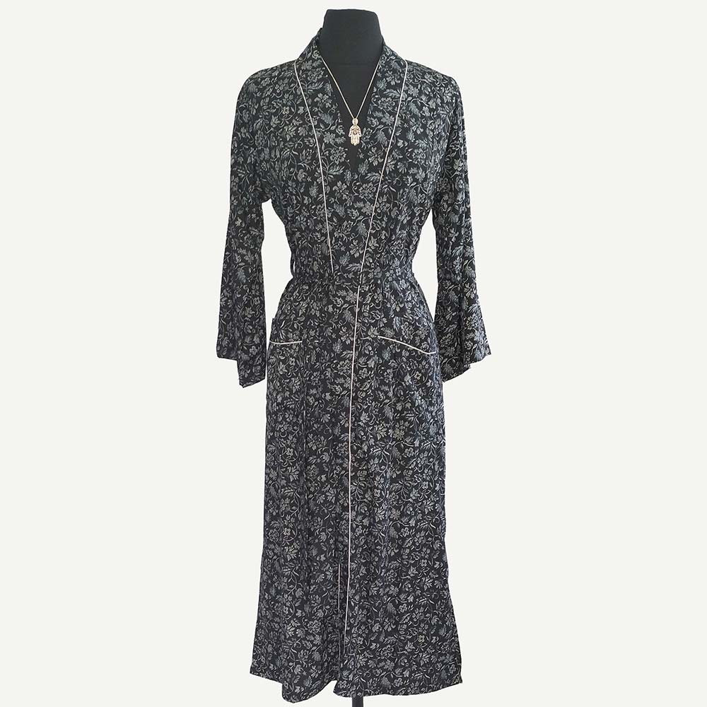 Ladies Dressing Gown - Black Floral Pattern