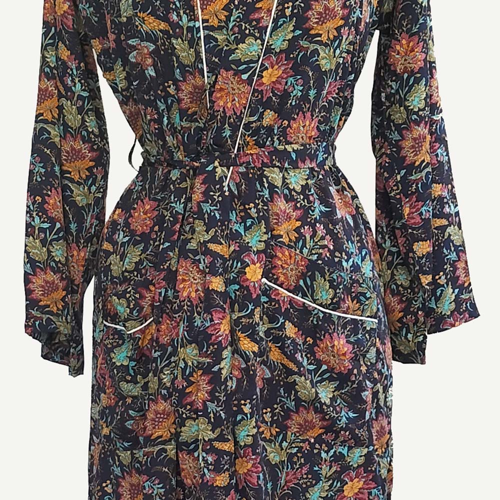 Ladies Dressing Gown - Dark Blue Floral Pattern