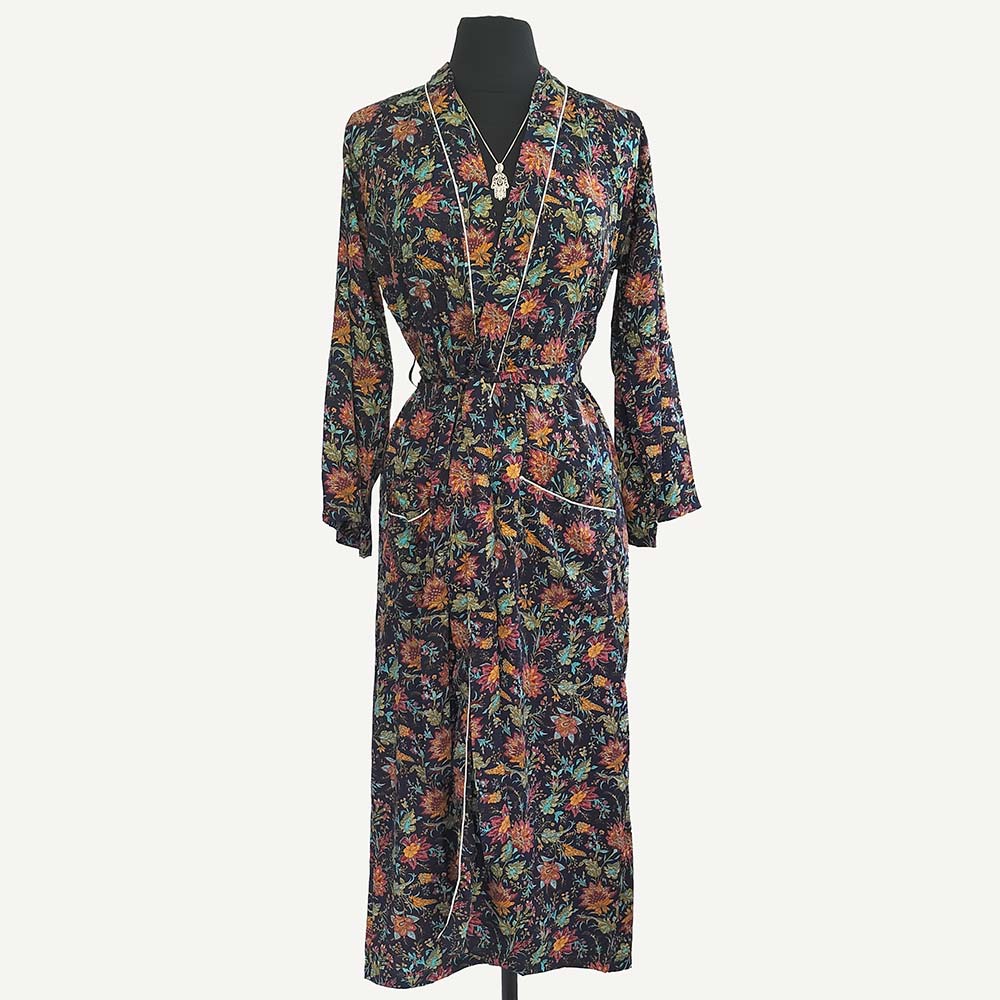 Ladies Dressing Gown - Dark Blue Floral Pattern