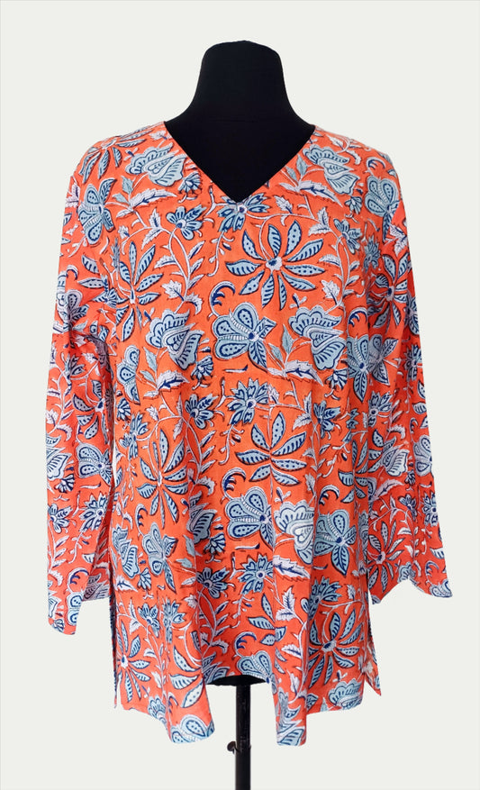 Women:Womens V-Neck - Orange Flower L