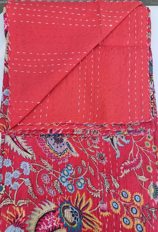 Bedspread Queen (Kantha) Screen Print Gudari (2 layer) - Red Floral