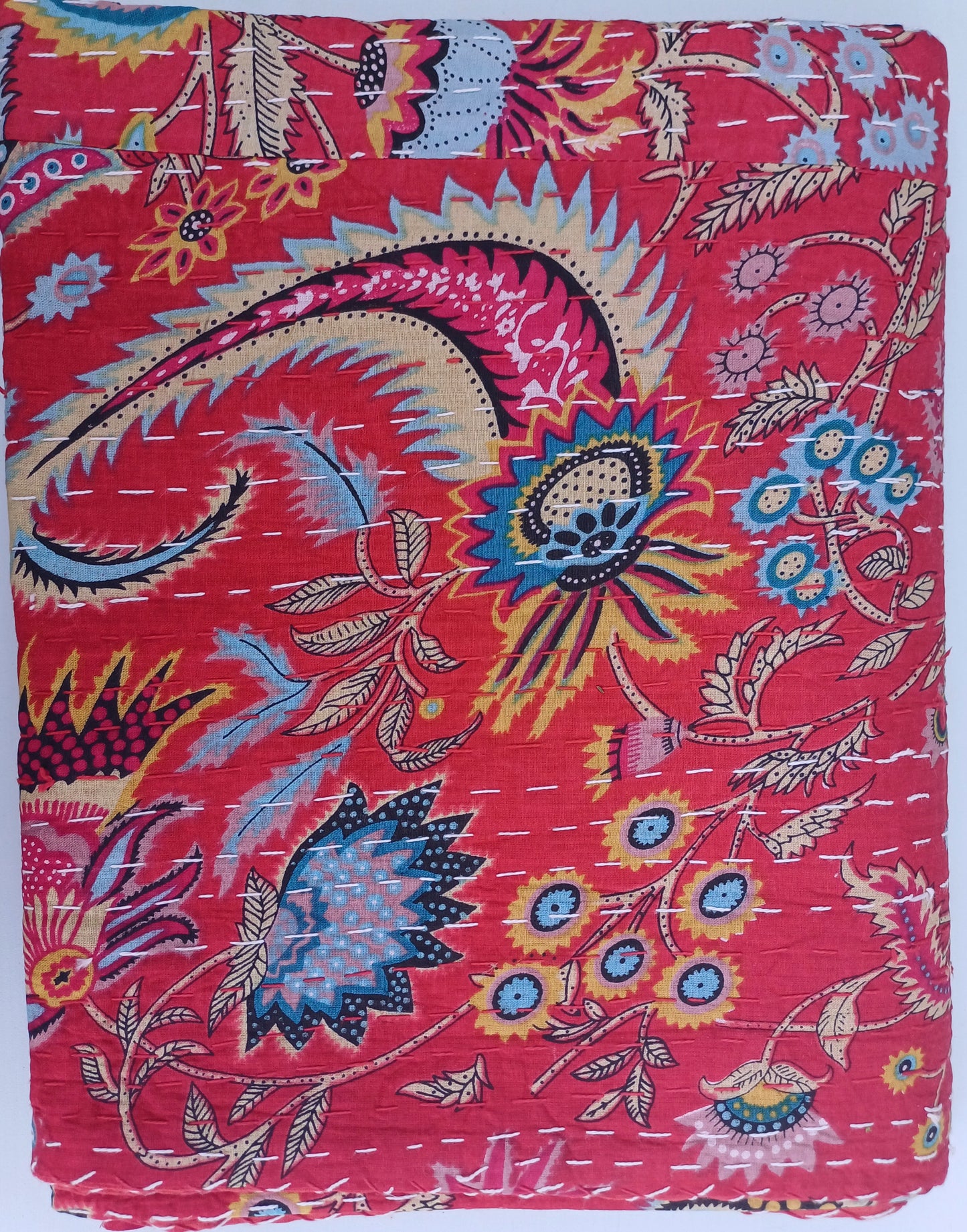 Bedspread Queen (Kantha) Screen Print Gudari (2 layer) - Red Floral