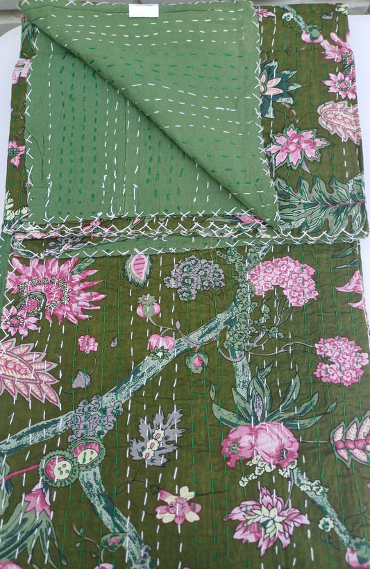 Bedspread Queen (Kantha) Screen Print Gudari (2 layer) - Olive Floral