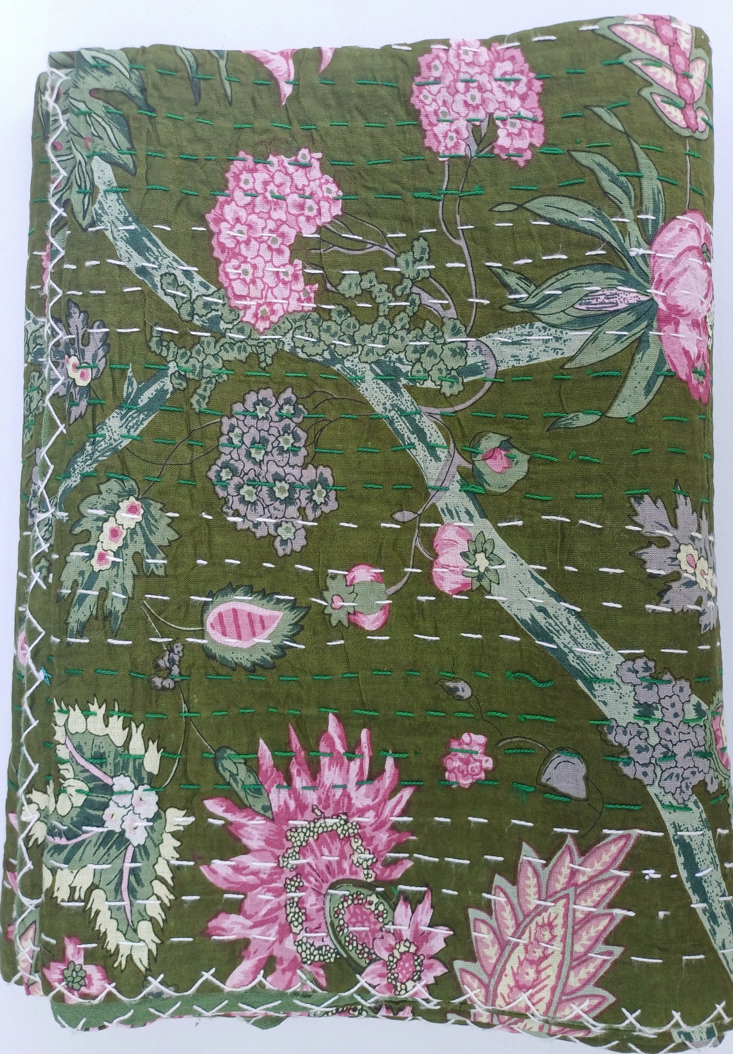 Bedspread Single (Kantha) Screen Print Gudari (2 layer) - Olive Floral