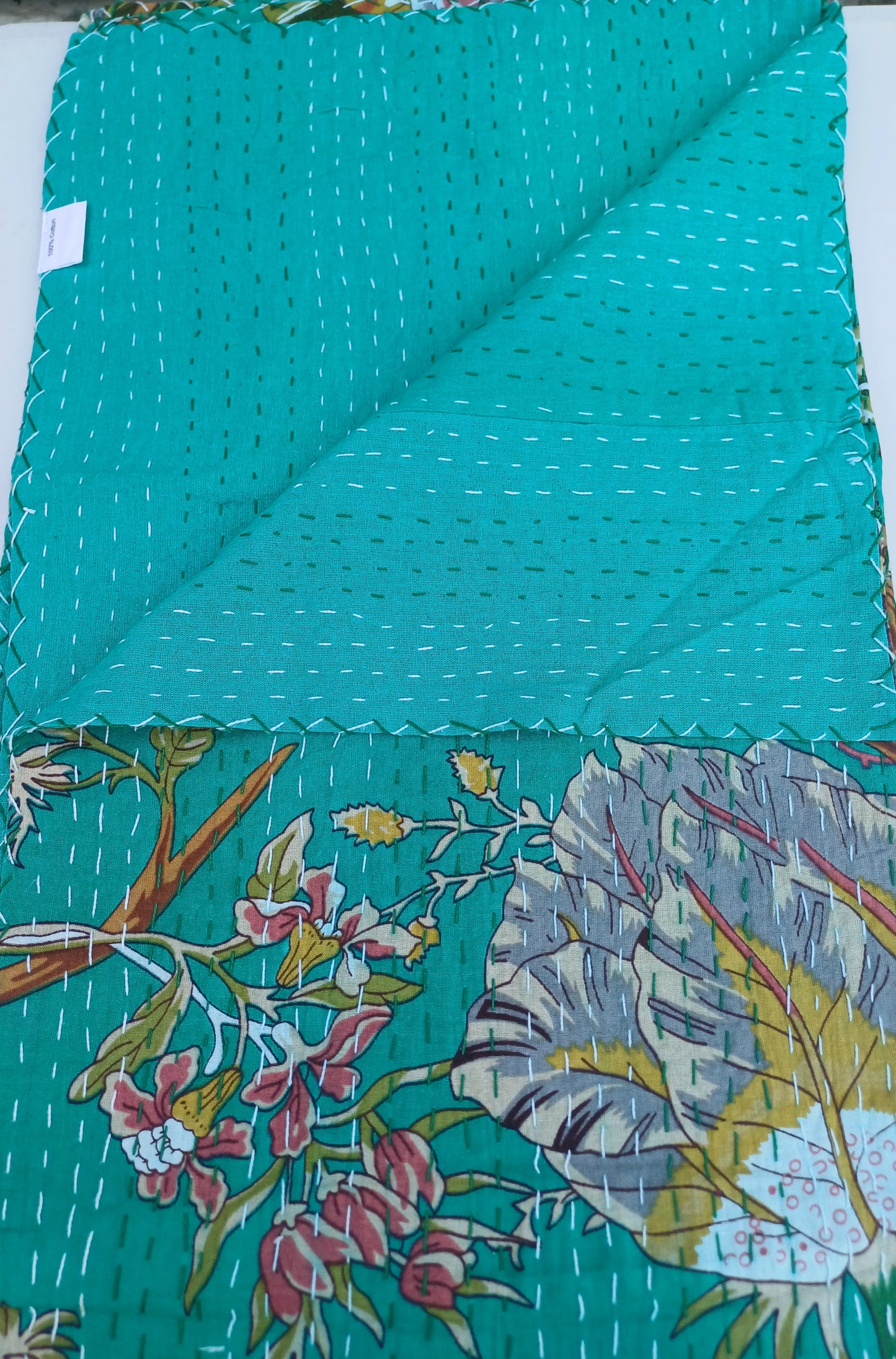 Bedspread Queen (Kantha) Screen Print Gudari (2 layer) - Turquoise Floral