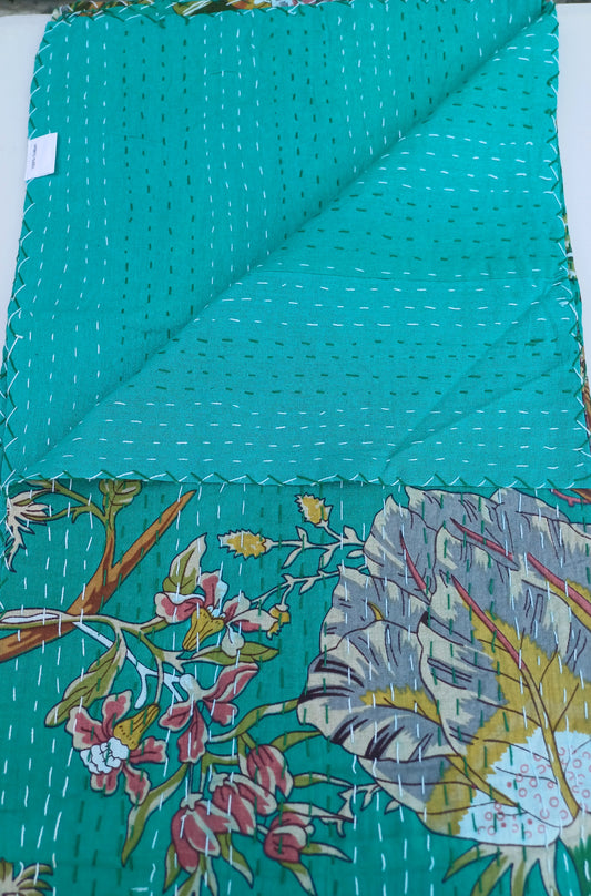 Bedspread Queen (Kantha) Screen Print Gudari (2 layer) - Turquoise Floral