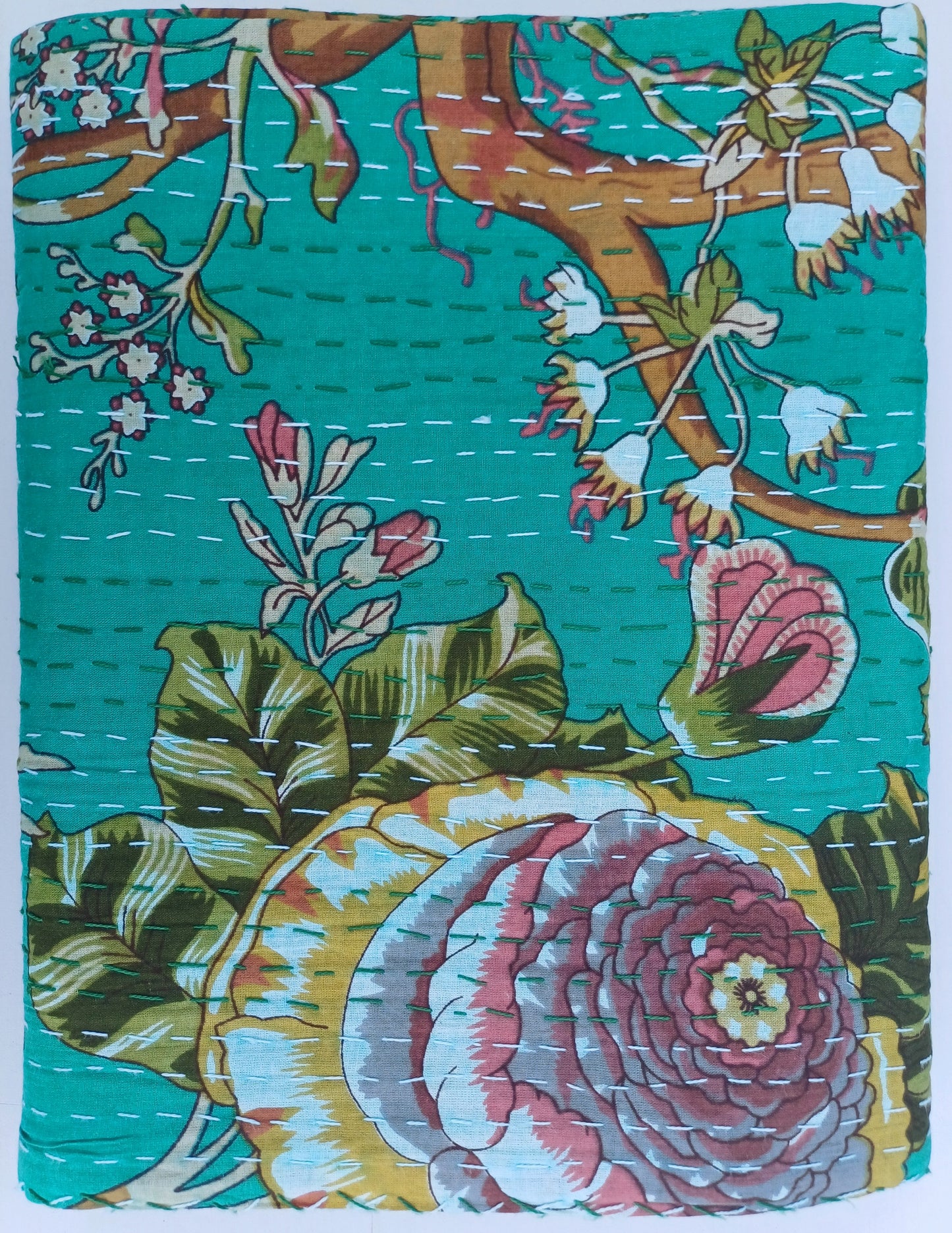 Bedspread Queen (Kantha) Screen Print Gudari (2 layer) - Turquoise Floral