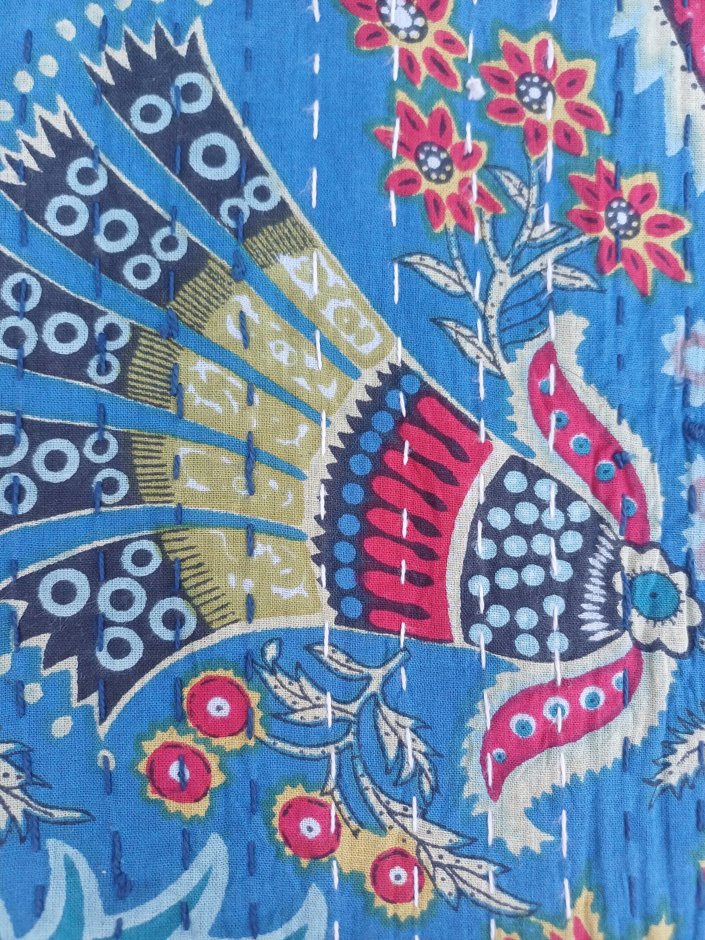 Bedspread Single (Kantha) Screen Print Gudari (2 layer) - Dark Blue Floral