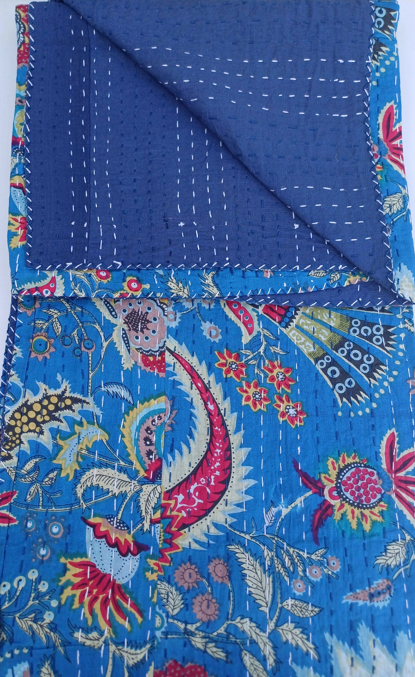 Bedspread Single (Kantha) Screen Print Gudari (2 layer) - Dark Blue Floral