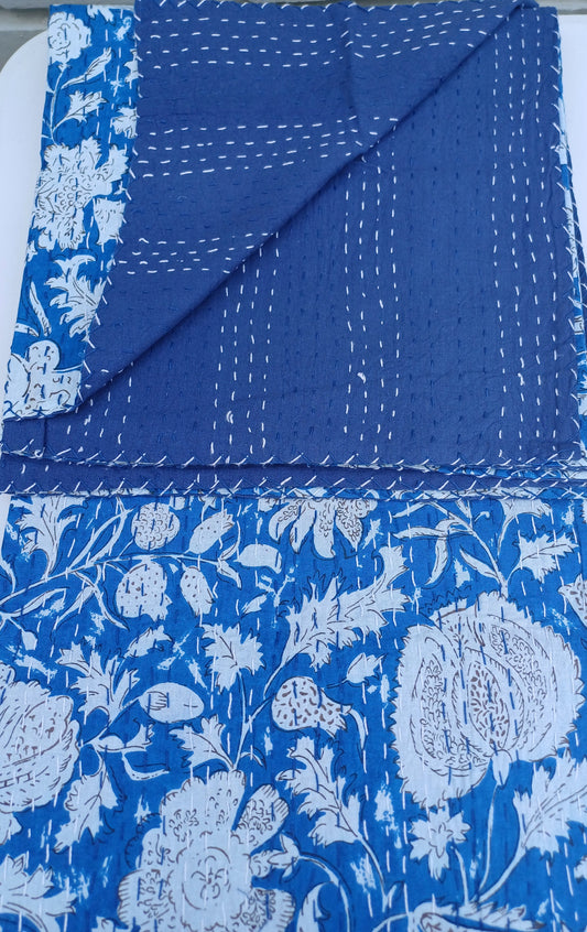 Bedspread Single (Kantha) Screen Print Gudari (2 layer) - Blue White