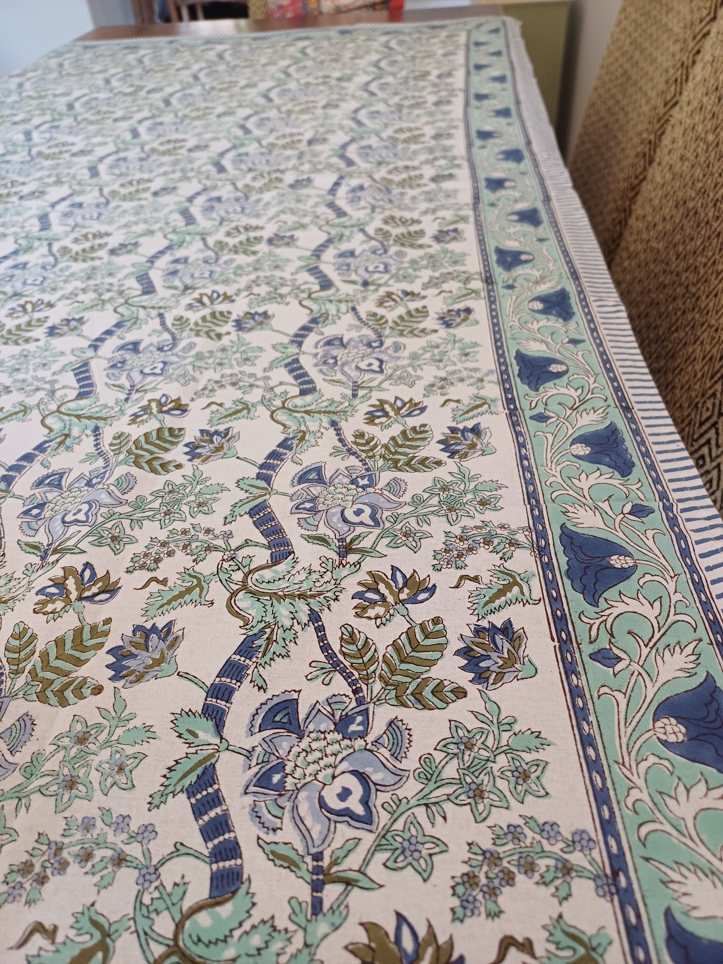 Table Cover Green Teal Blue Block Print Mughal - 8 to 10 seater