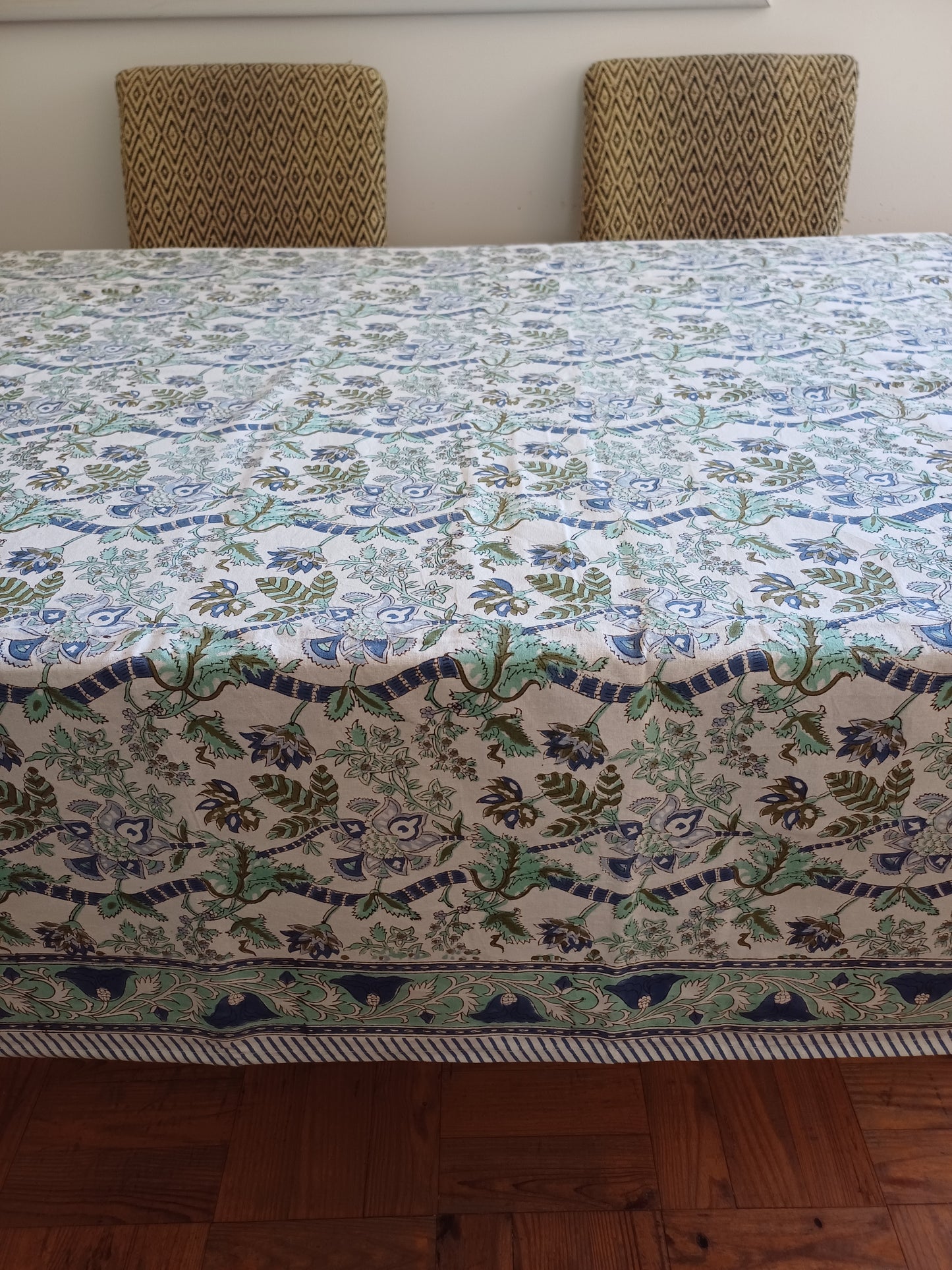 Table Cover Green Teal Blue Block Print Mughal - 8 to 10 seater