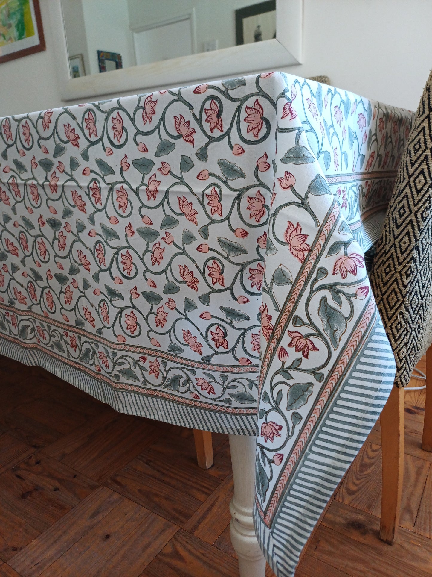 Table Cover Grey Block Print Mughal - 4 x 4 seater