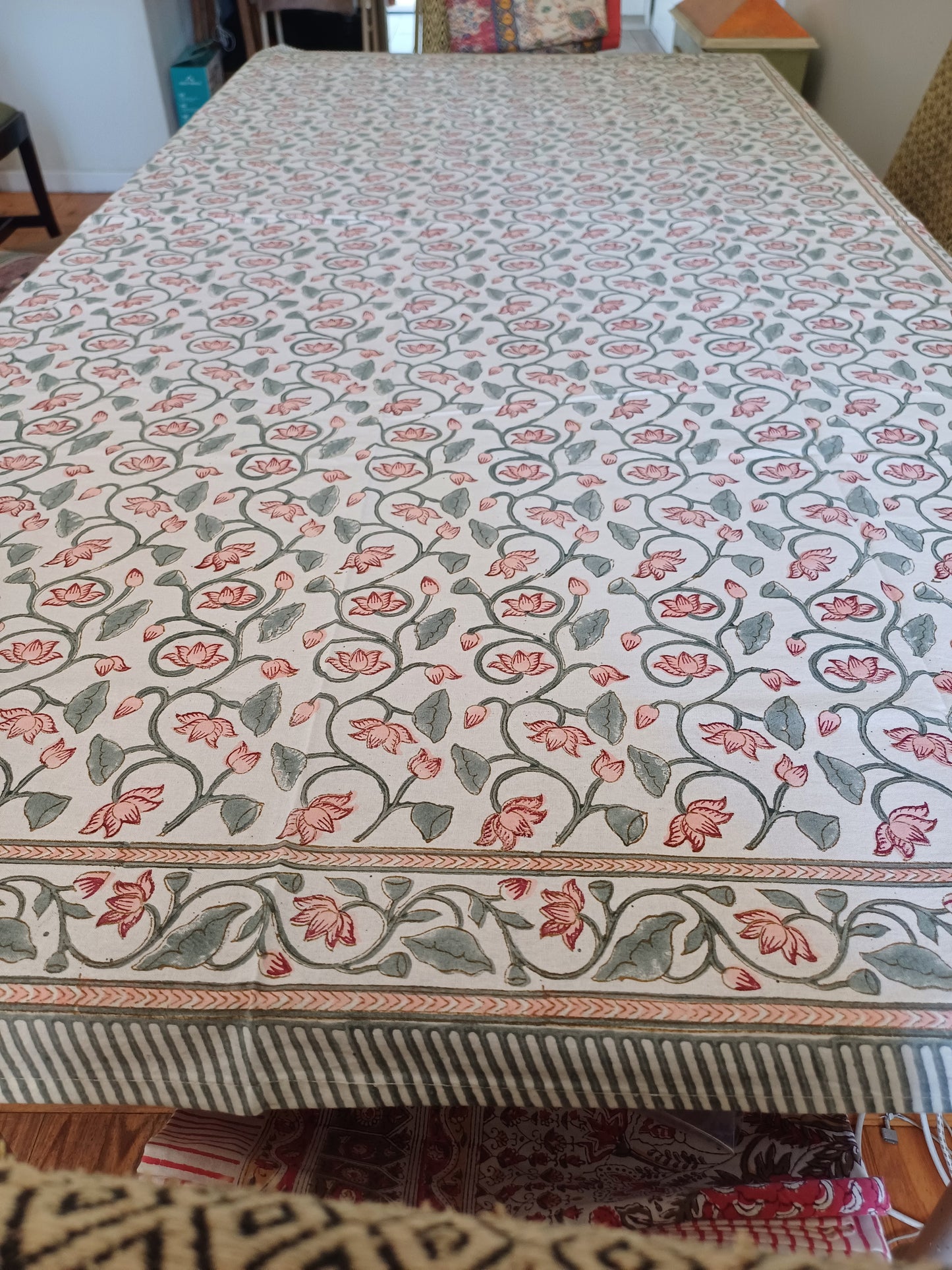 Table Cover Grey Block Print Mughal - 4 x 4 seater