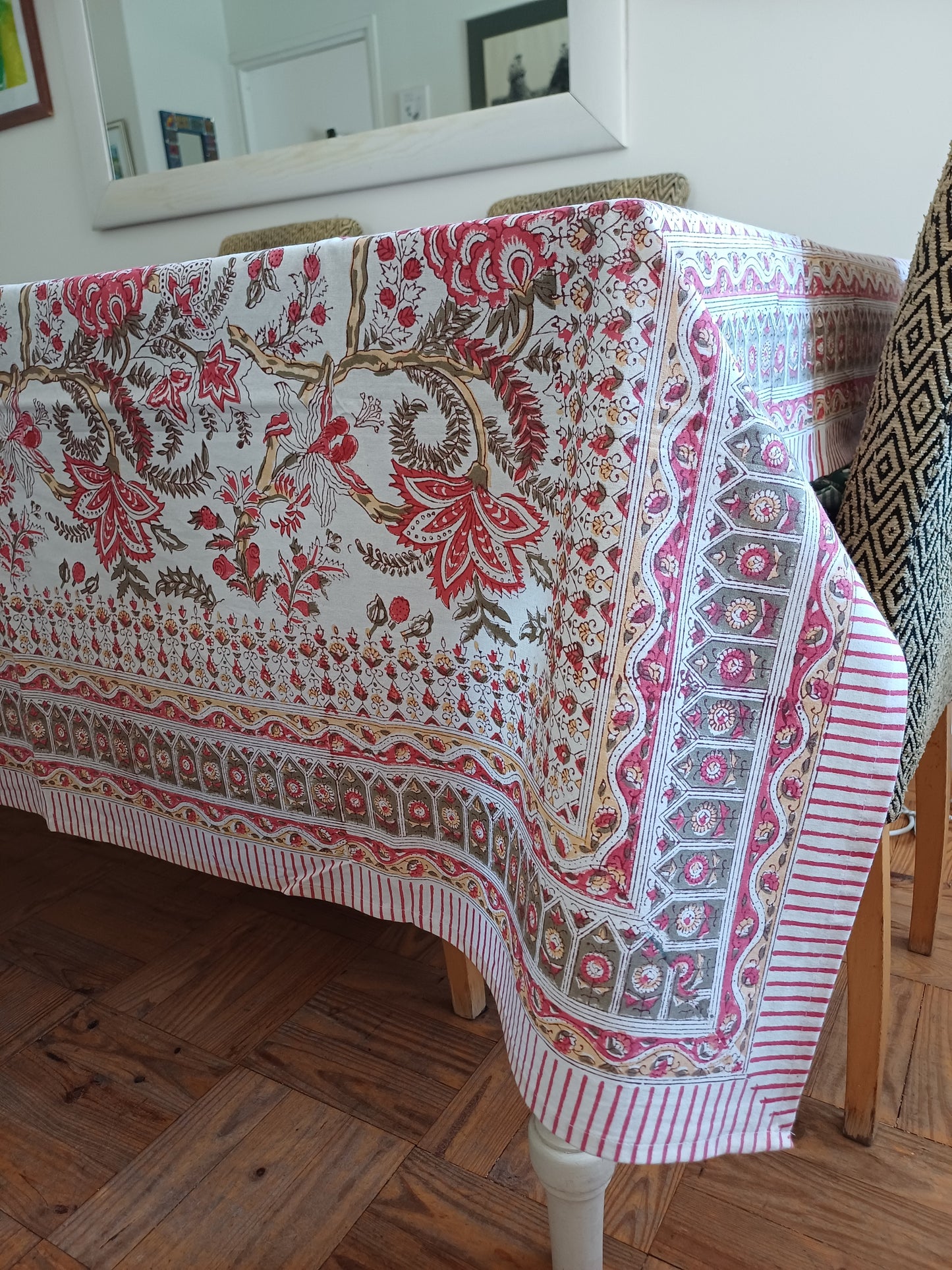 Table Cover Red Block Print Mughal - 4 x 4 Seater