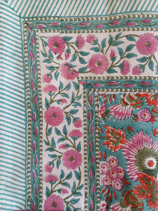 Table Cover Red Pink Teal Block Print Mughal - 8 to 10 seater