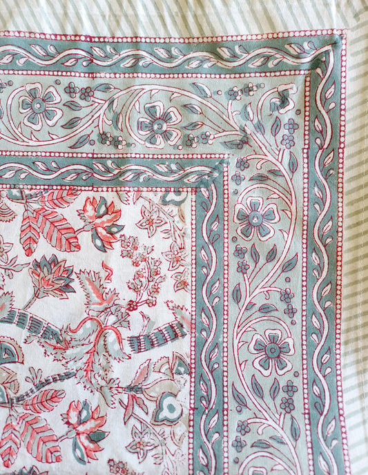 Table Cover White Olive Block Print Mughal -  4 x 4 seater