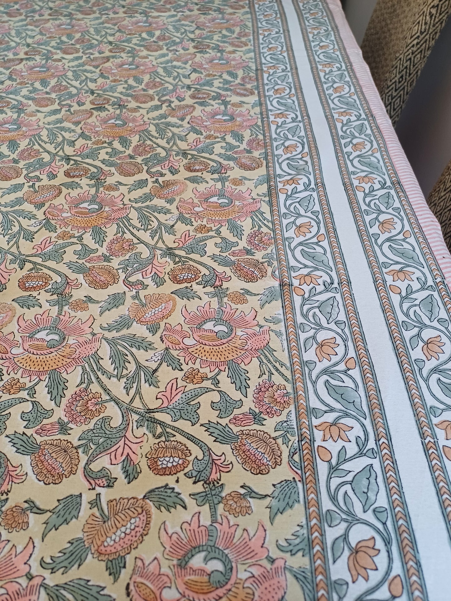 Table Cover Yellow Pink Block Print Mughal - 8 to 10 seater