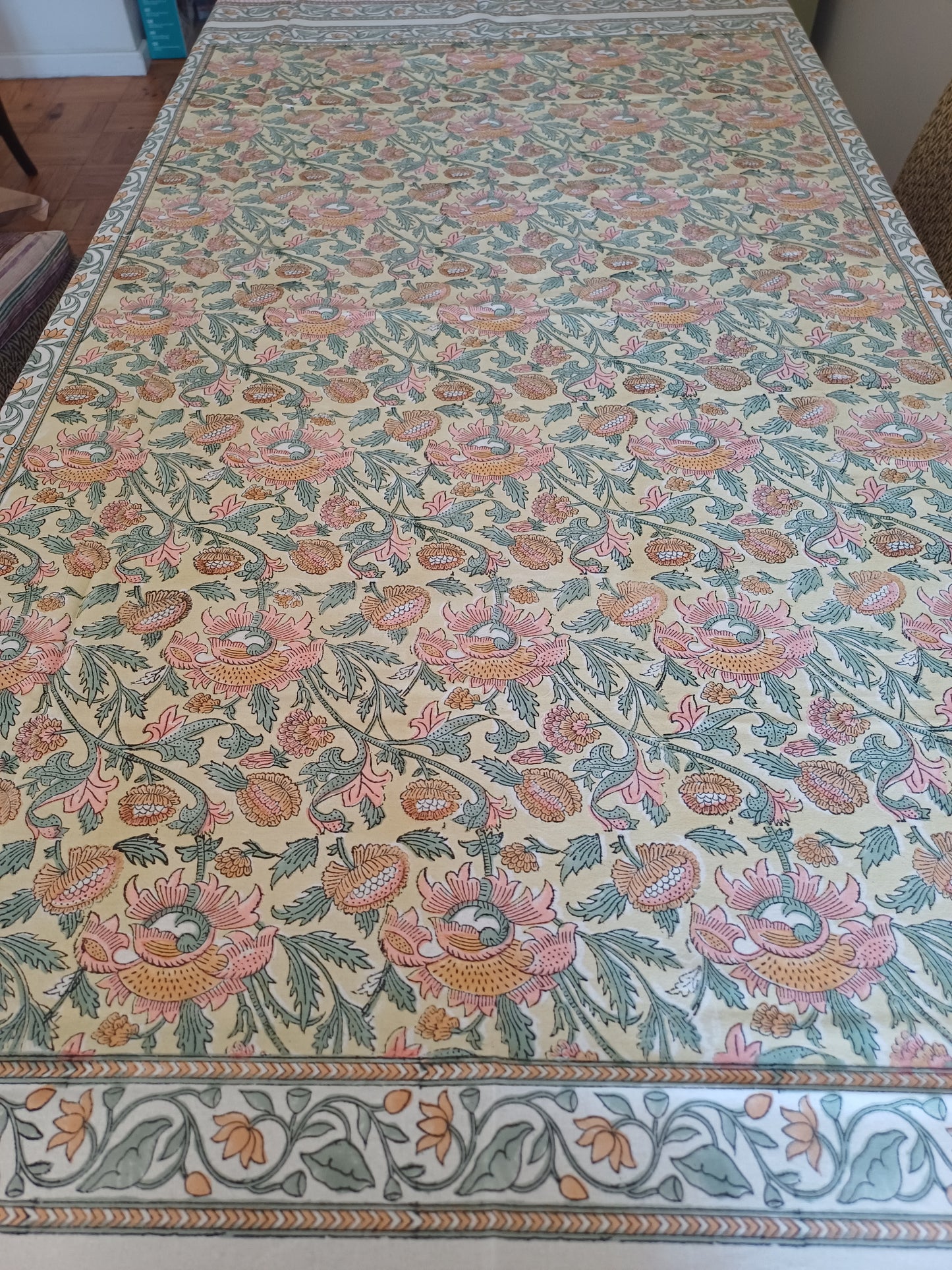 Table Cover Yellow Pink Block Print Mughal - 8 to 10 seater