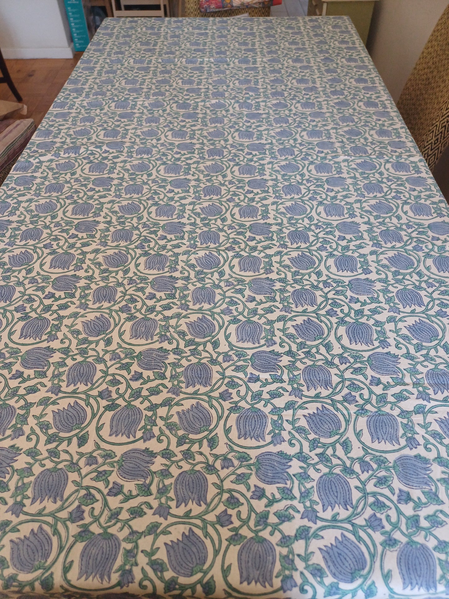 Table Cover Powder Blue Block Print Mughal - 8 to 10 seater