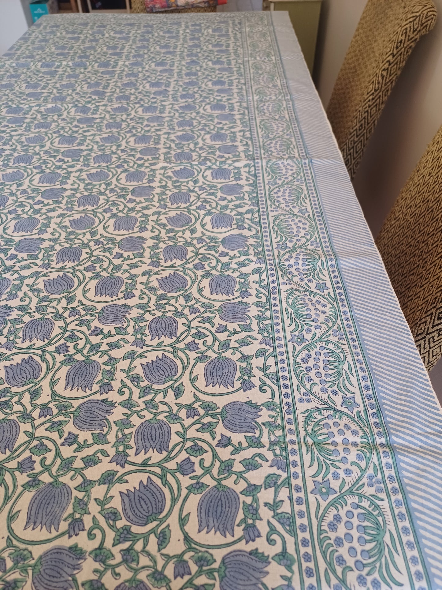 Table Cover Powder Blue Block Print Mughal - 8 to 10 seater