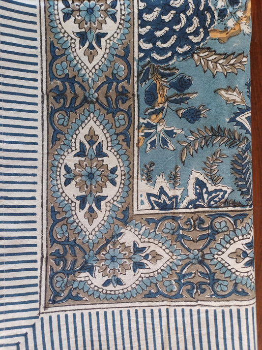 Table Cover Grey Blue Block Print Mughal - 6 x 6 seater