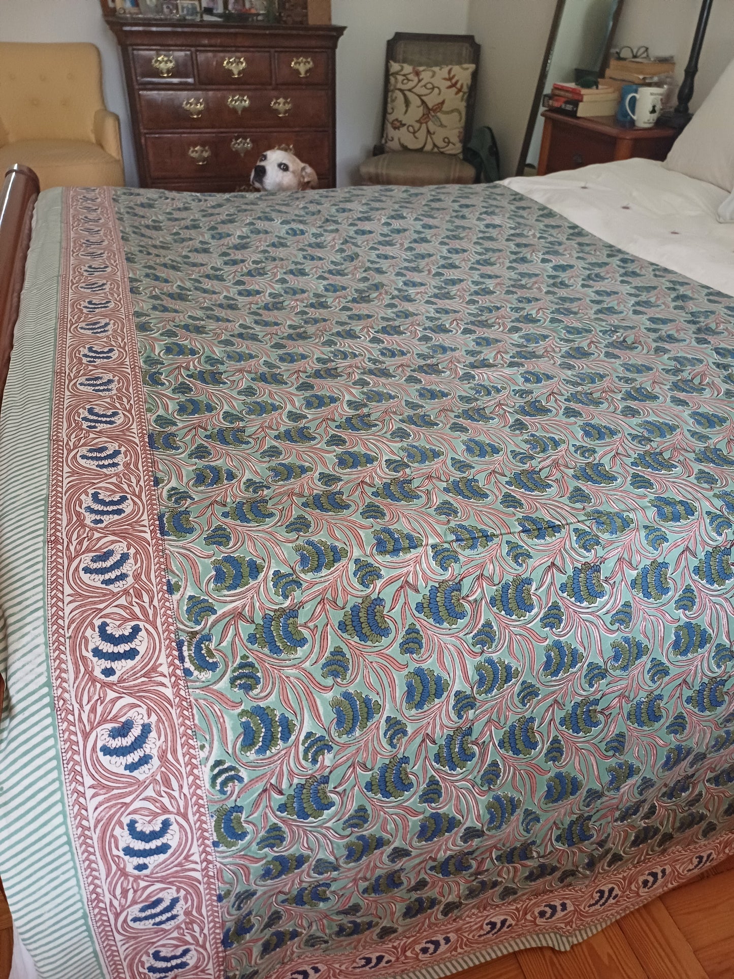 Bedspread Dark Grey Red Block Print Mughal - King size