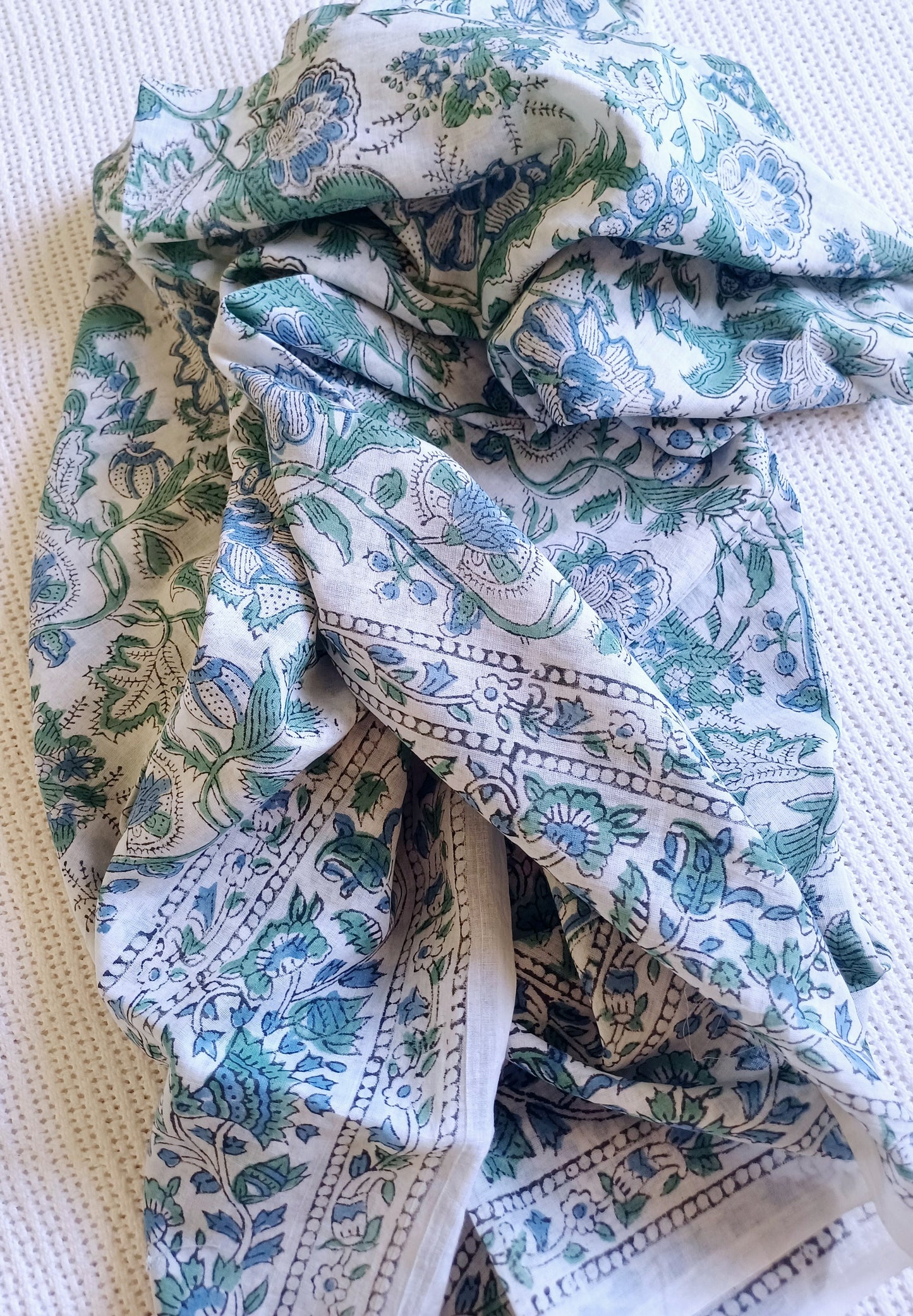 Cotton Scarf Cream Green Floral