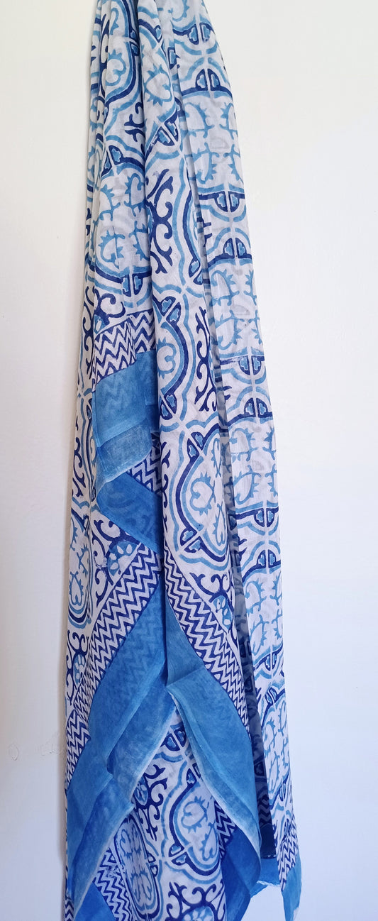 Cotton Scarf Blue Ornate