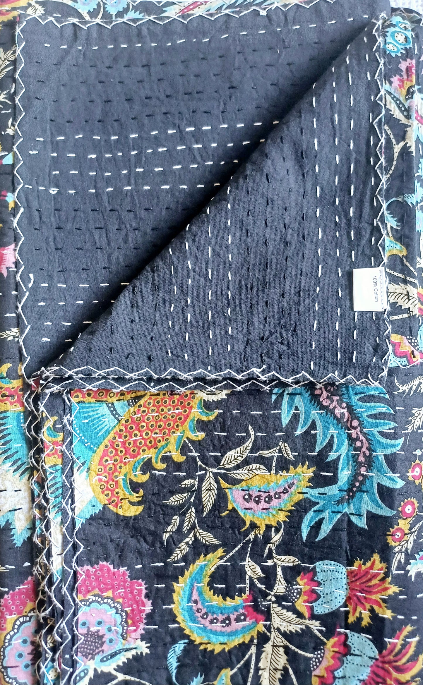 Bedspread Single (Kantha) Screen Print Gudari (2 layer) - Black Floral