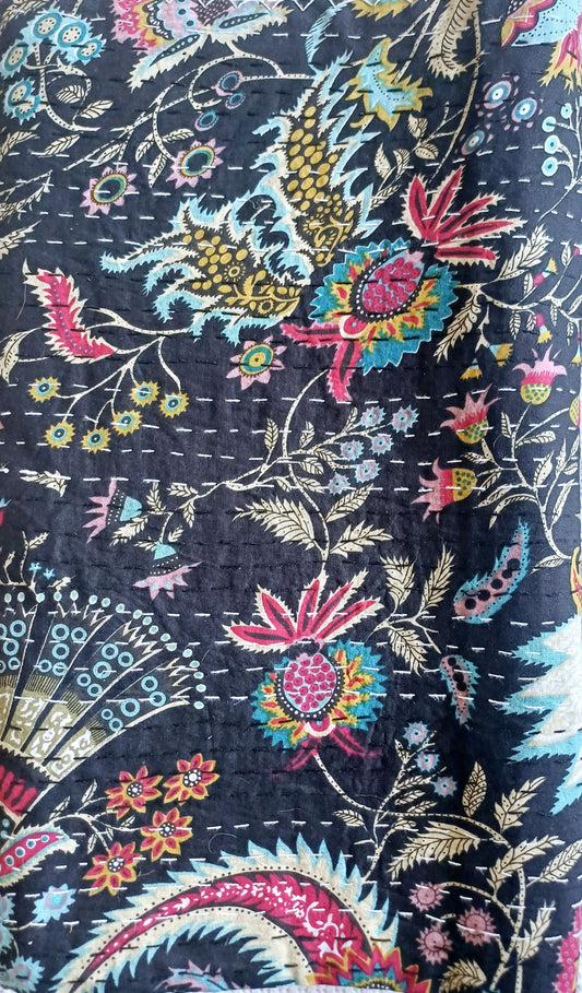 Bedspread Single (Kantha) Screen Print Gudari (2 layer) - Black Floral