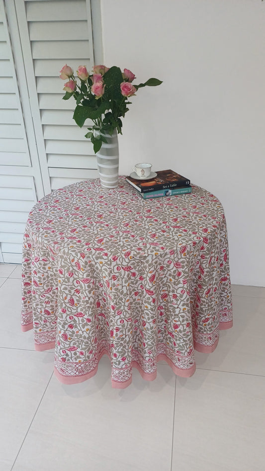 Round Cotton Table Cloth - Green leafy Pink Floral