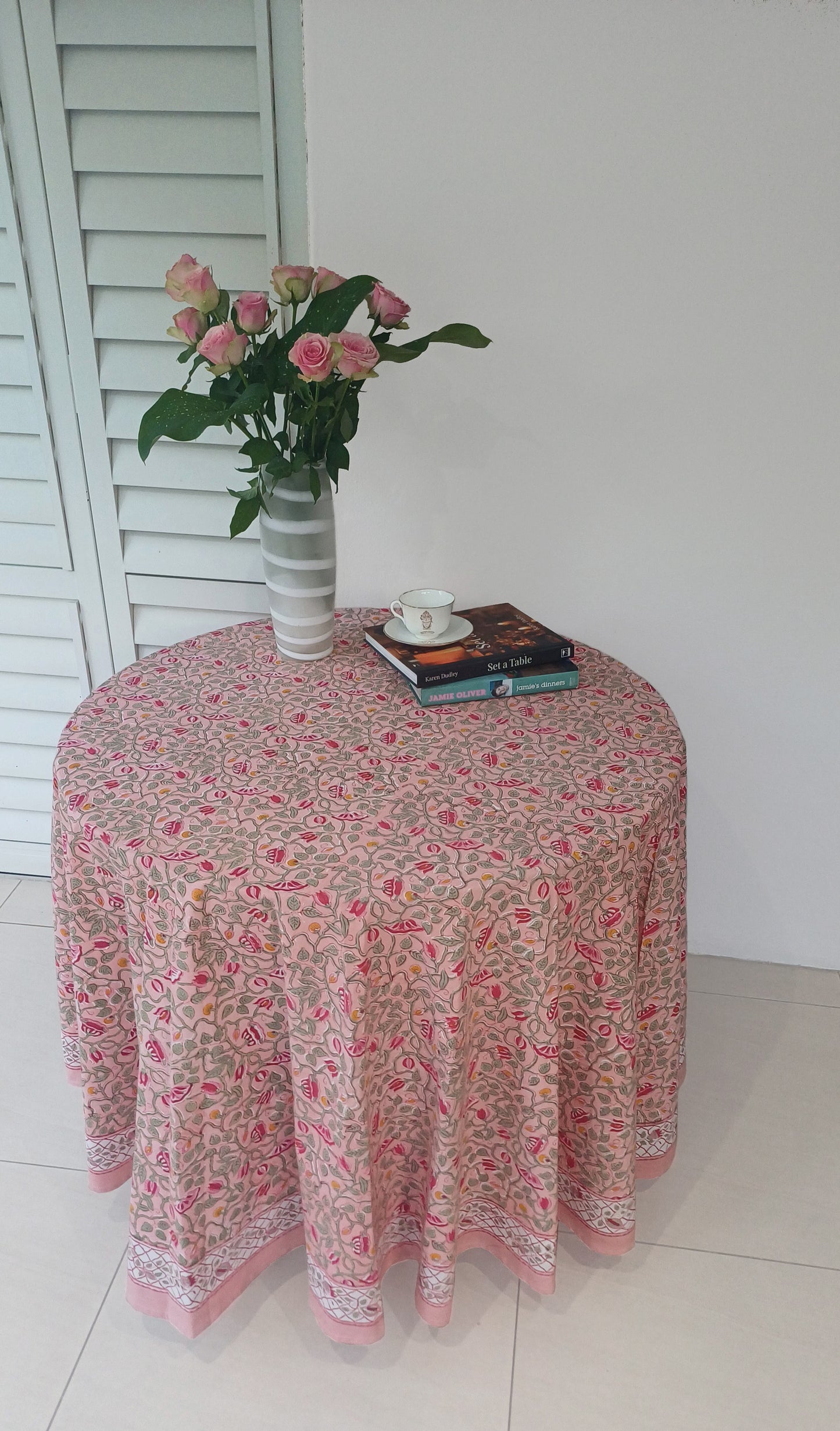 Round Cotton Table Cloth - Peach background Green leafy Floral