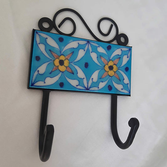 Ceramic Double Coat Hook - Light blue Floral